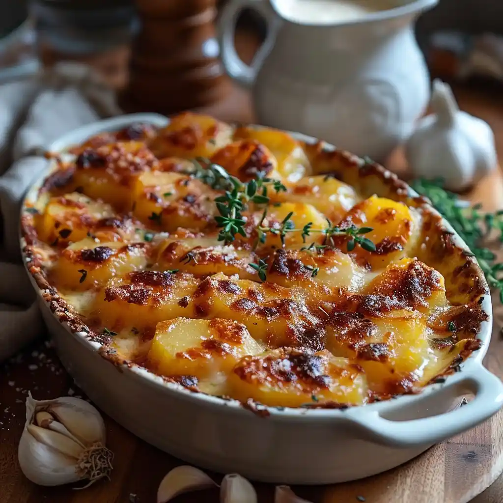 Classic French gratin dauphinois with golden crust.