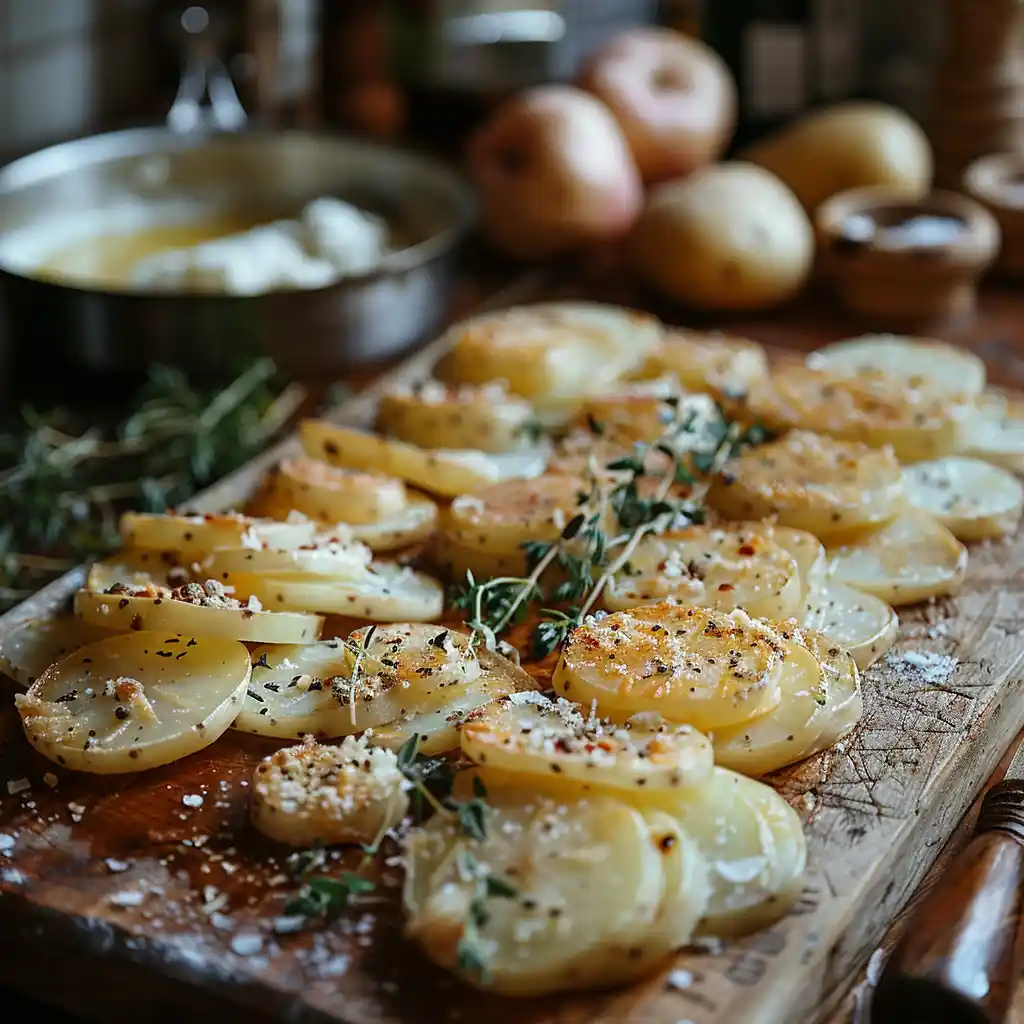 Preparing French gratin ingredients like potatoes and cream