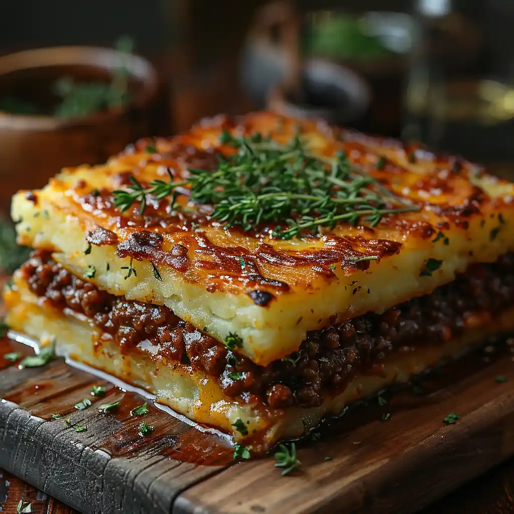 Hachis Parmentier with golden-brown mashed potatoes and beef on a rustic table