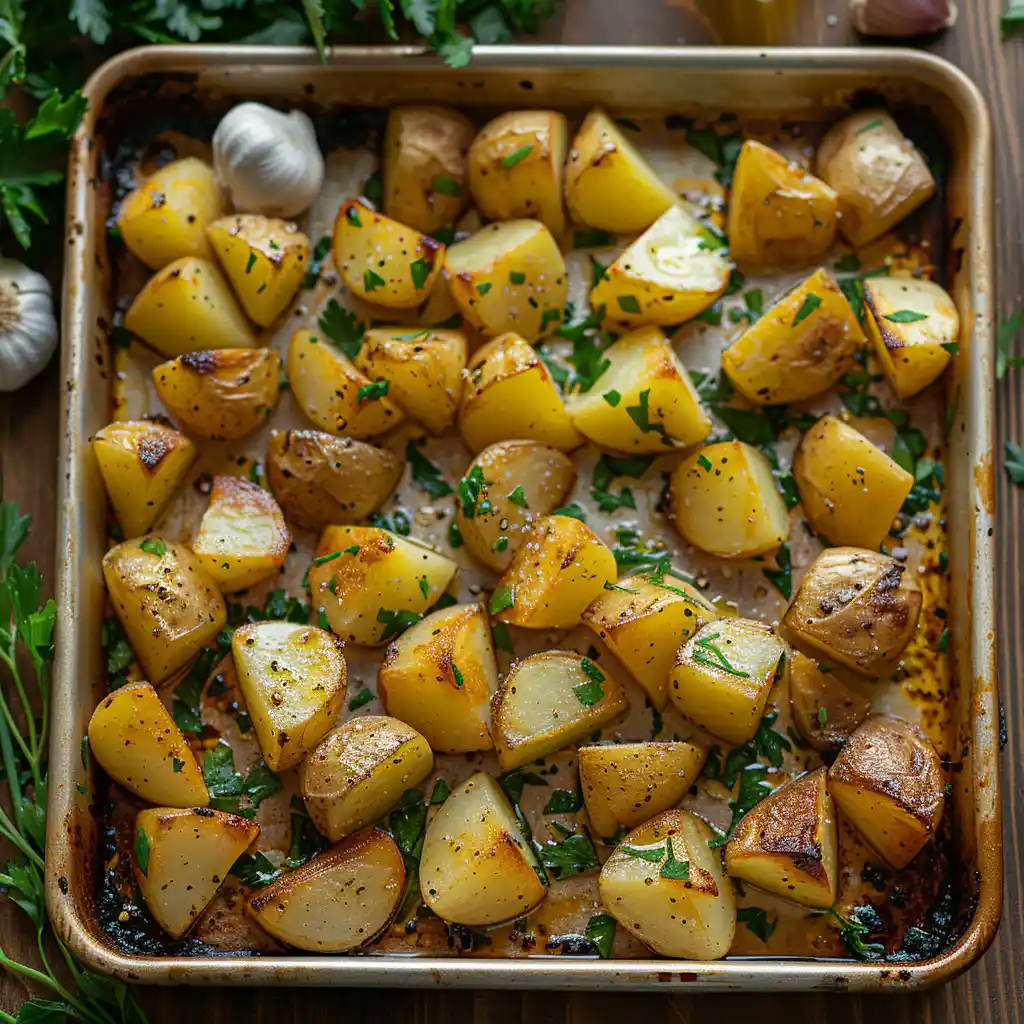 A step-by-step top-down view of Parmentier potatoes preparation: diced potatoes tossed in olive oil and herbs on a baking tray, with fresh parsley and garlic in the background.