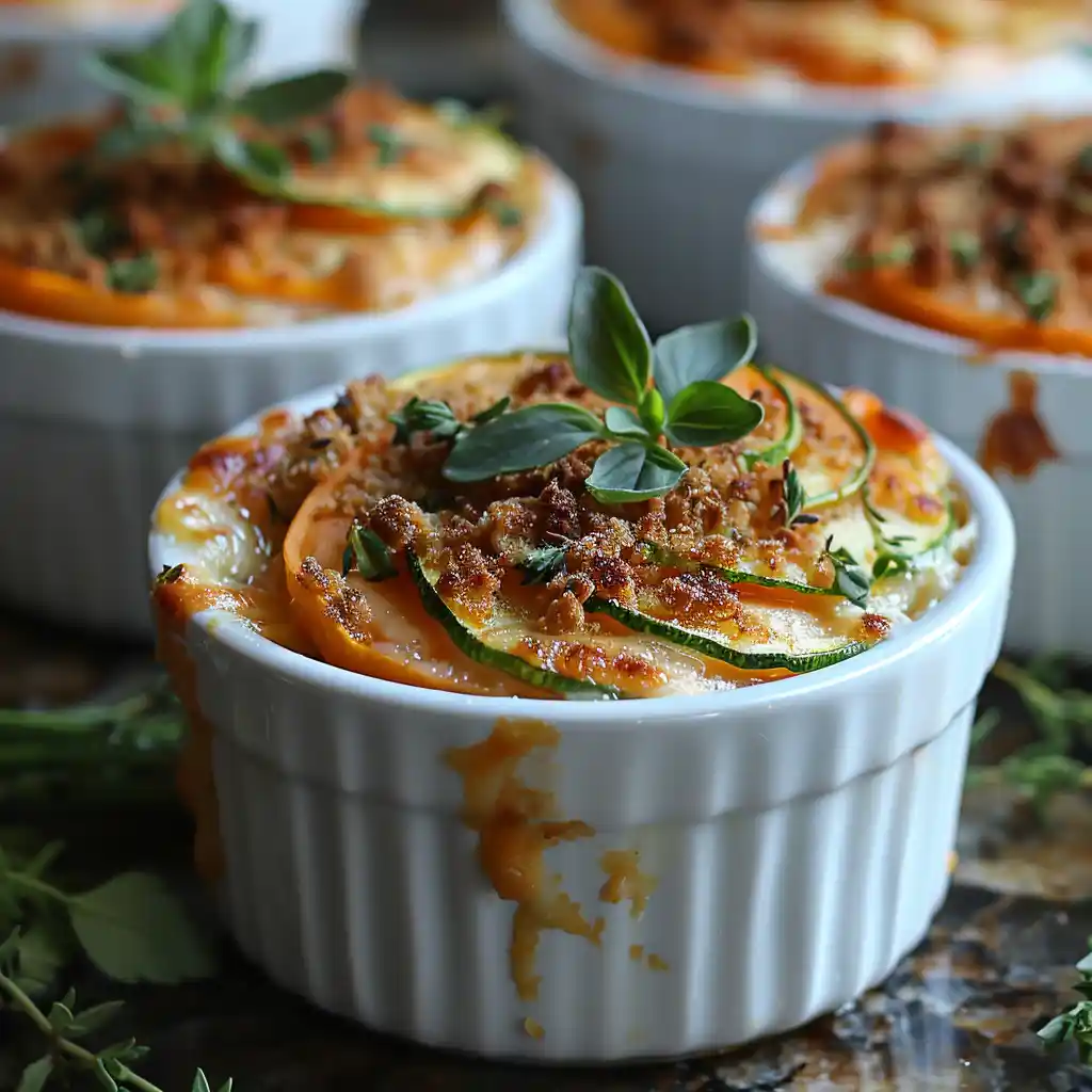 Modern sweet potato and zucchini gratin in ramekins.