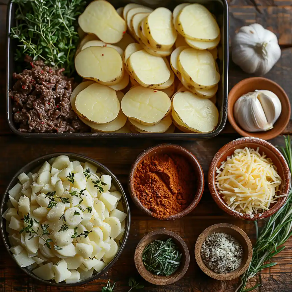 Step-by-step preparation of Hachis Parmentier with ingredients and layering process.