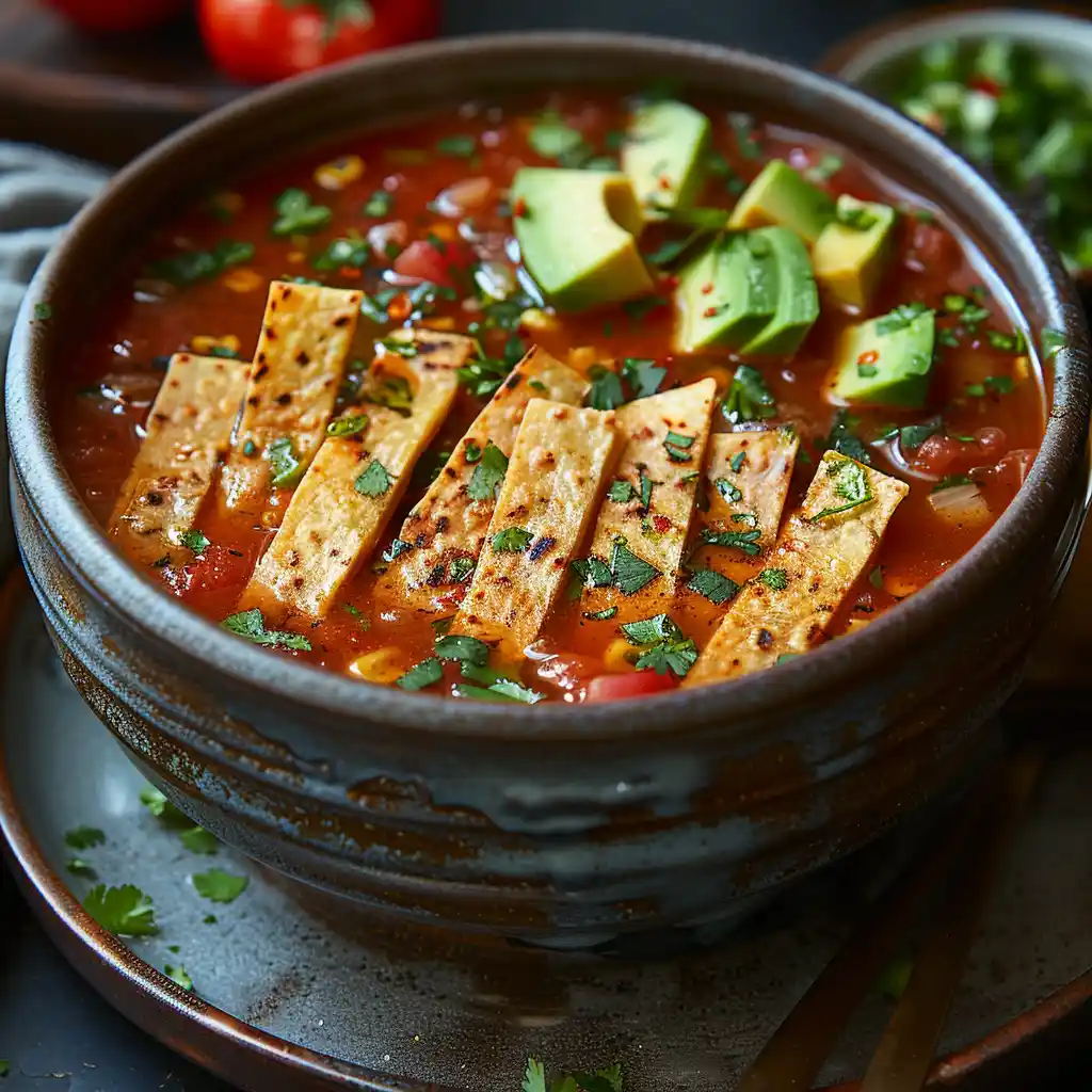 A bowl of sopa de tortilla garnished with tortilla strips, avocado, and lime