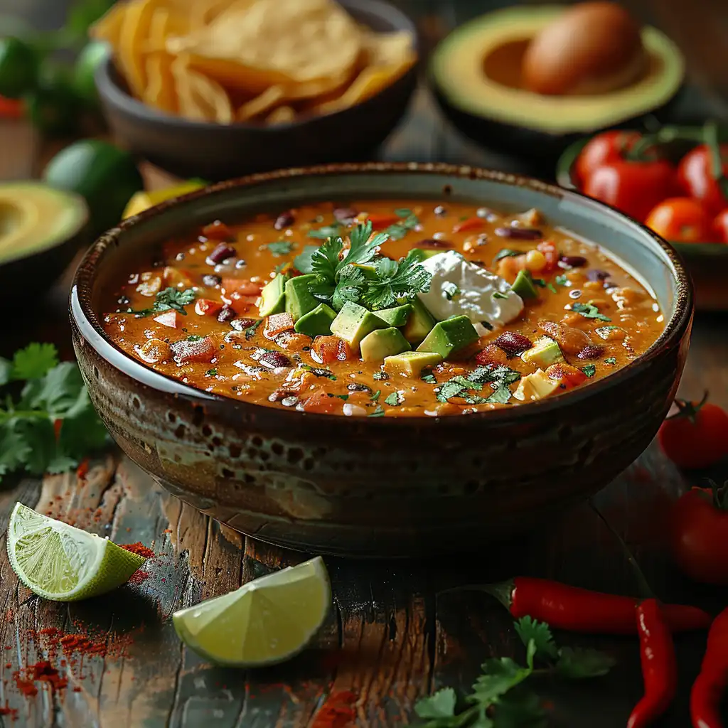 Bowl of Sopa de Tortilla with vibrant garnishes.