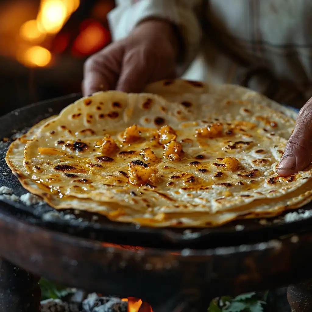 Close-up of a tortilla being cooked on a cast-iron comal.