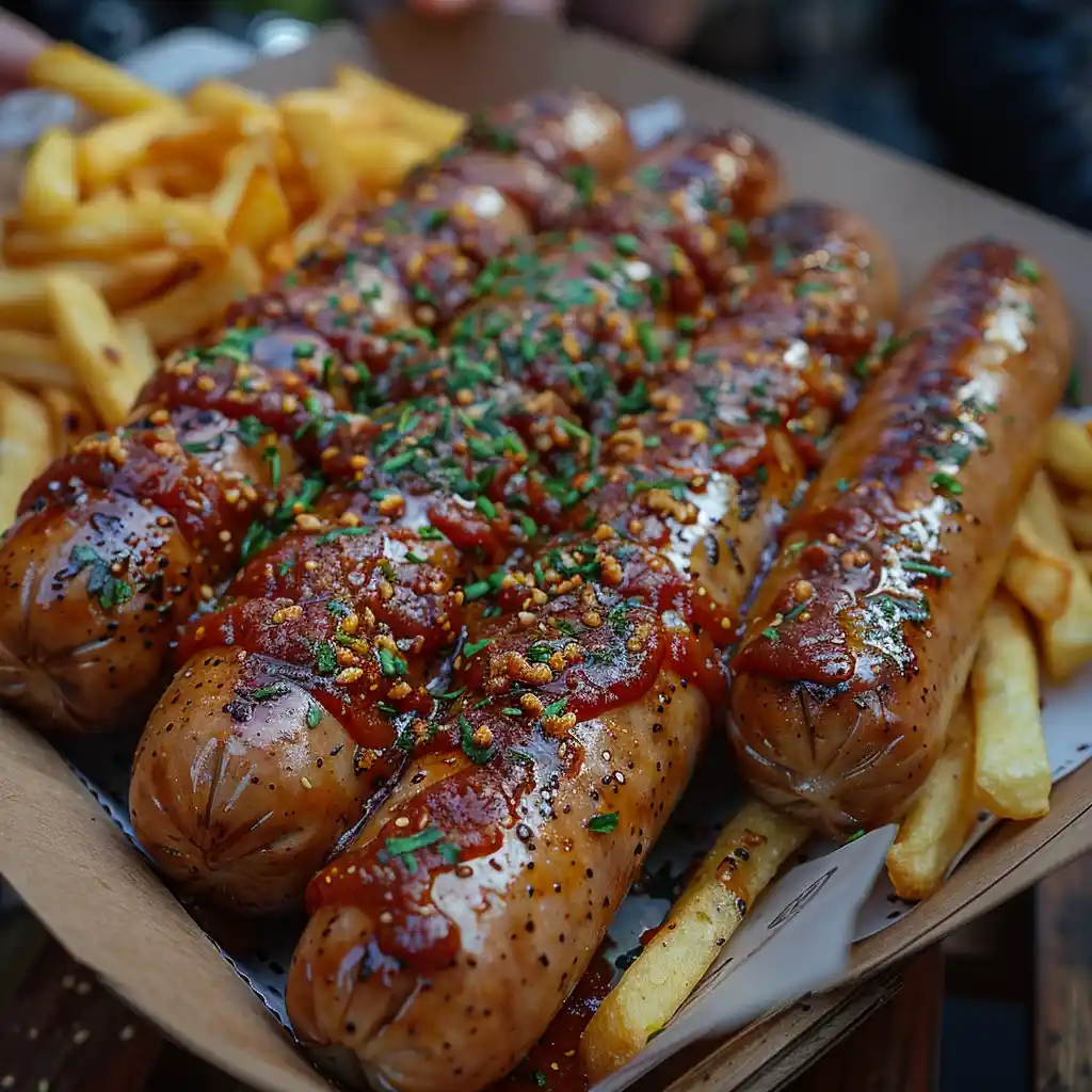 Close-up of curry sausage in Berlin served with curry ketchup and fries.