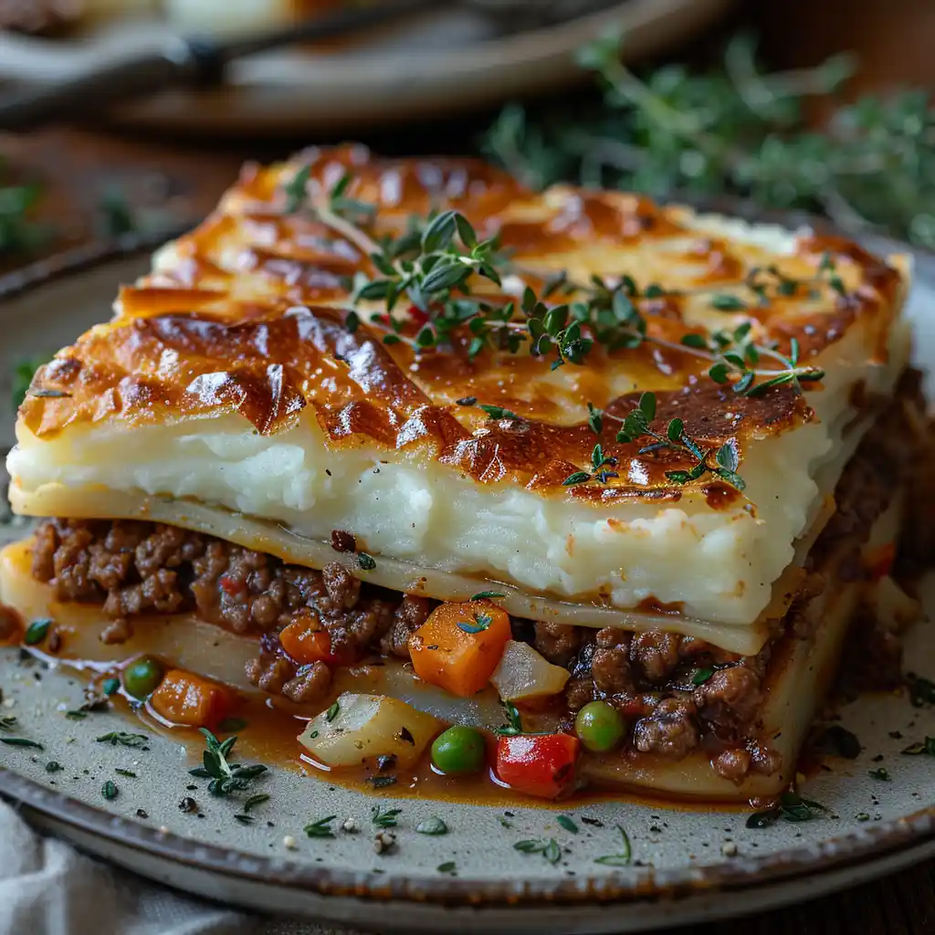 Close-up of the layers of hachis parmentier on a plate