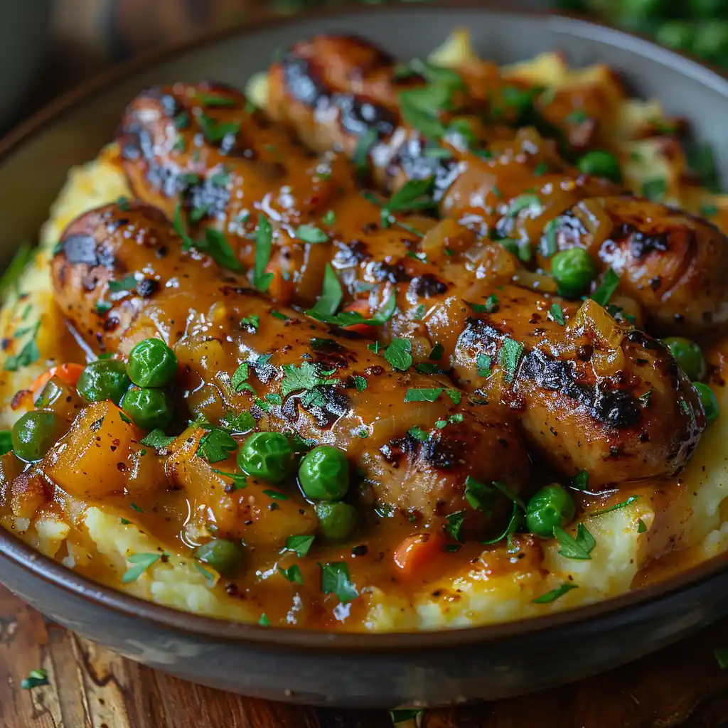 Curried sausages served with mashed potatoes and vegetables