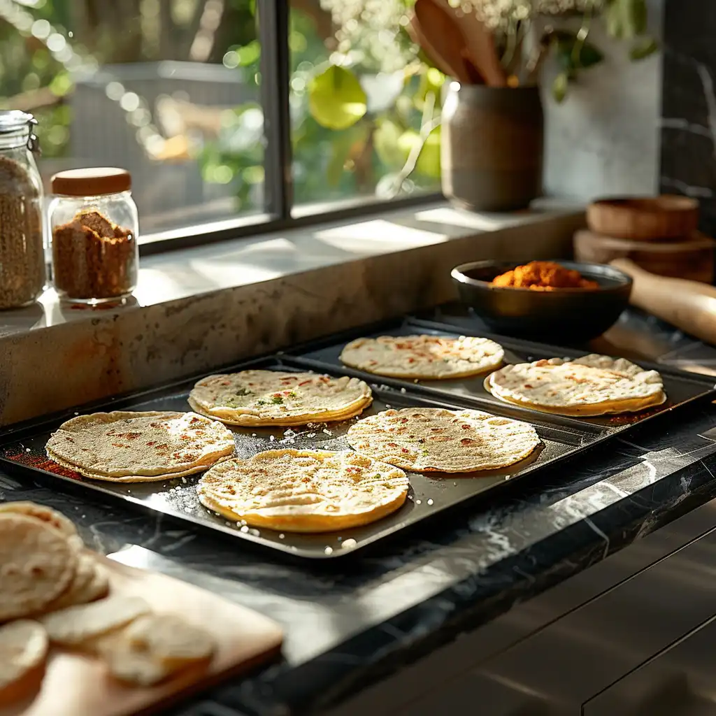 Electric griddle cooking fresh tortillas with masa dough in view