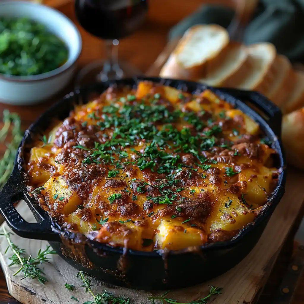 Hachis Parmentier in a skillet garnished with parsley.