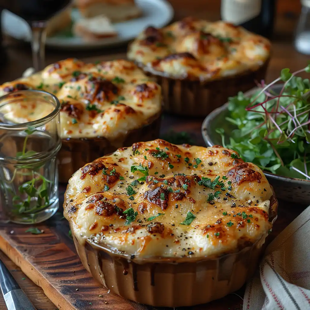 Individual ramekins of hachis parmentier served with a salad.