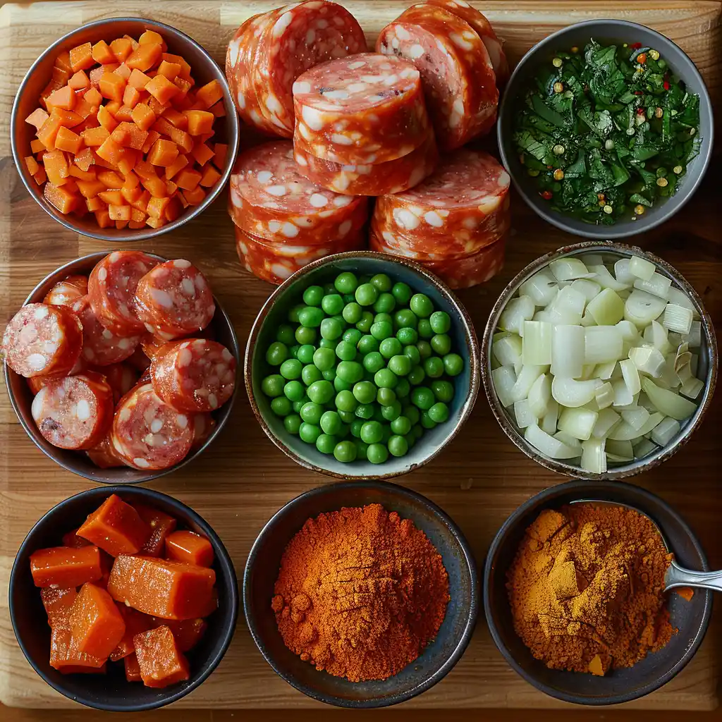 Ingredients for making curried sausages, including sausages, curry powder, and vegetables.