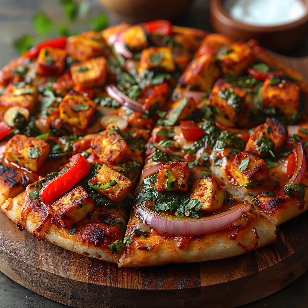 Indian pizza with colorful toppings and chutneys.