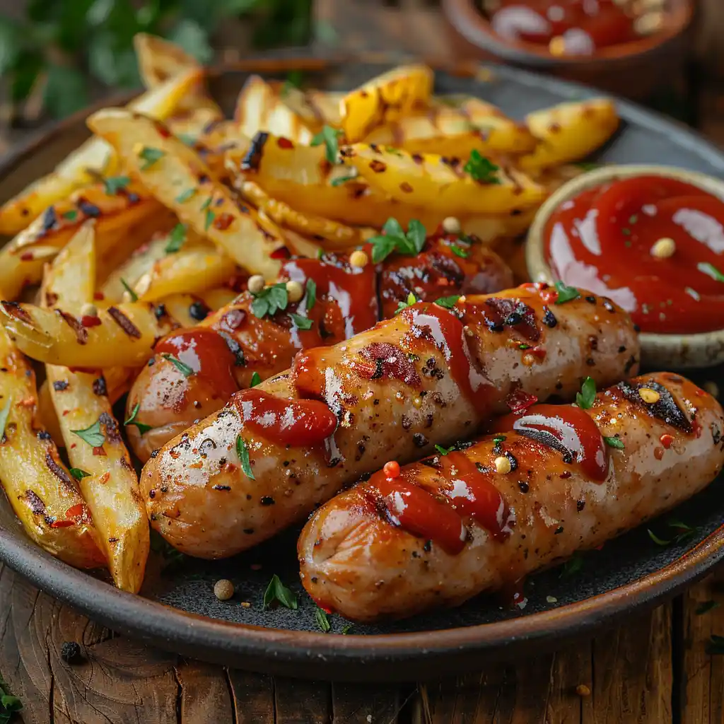 Plate of Currywurst with fries and curry ketchup.