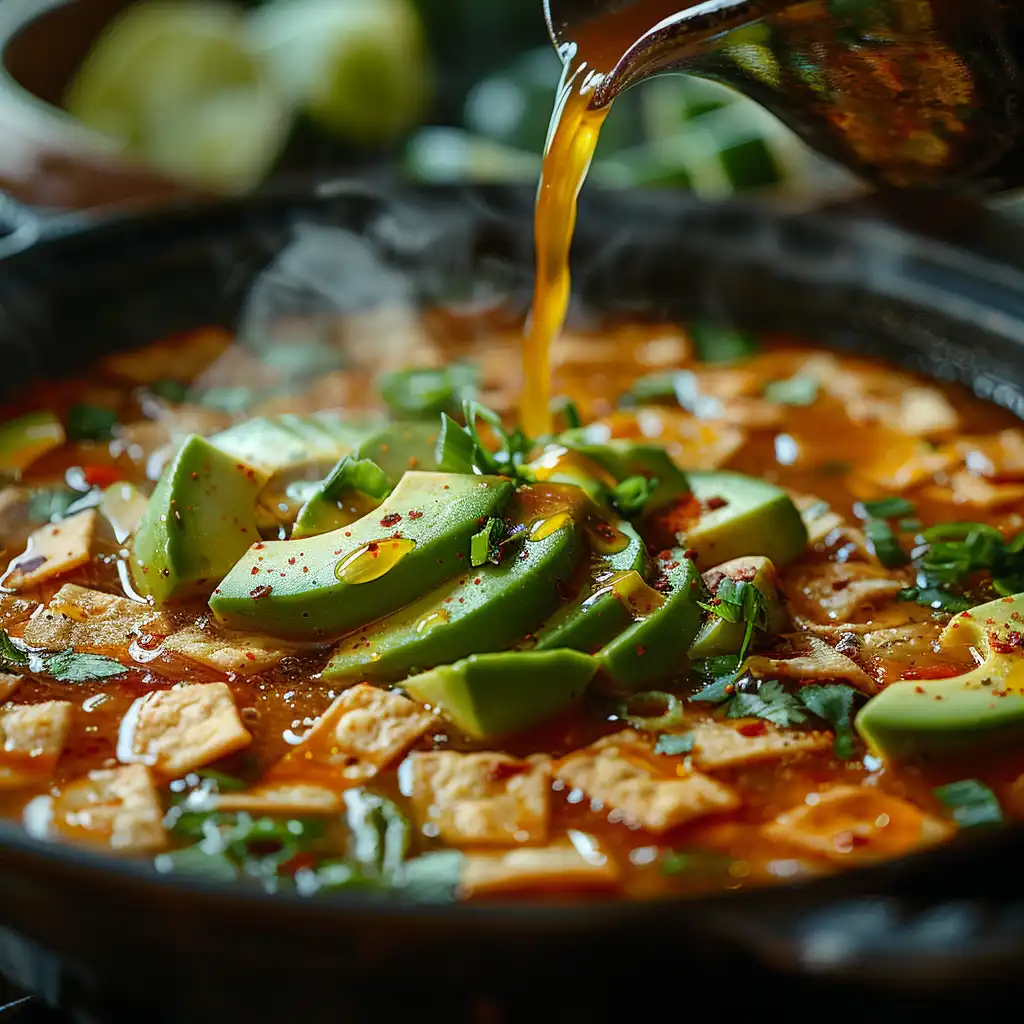 Pouring Sopa de Tortilla broth over crispy tortilla strips