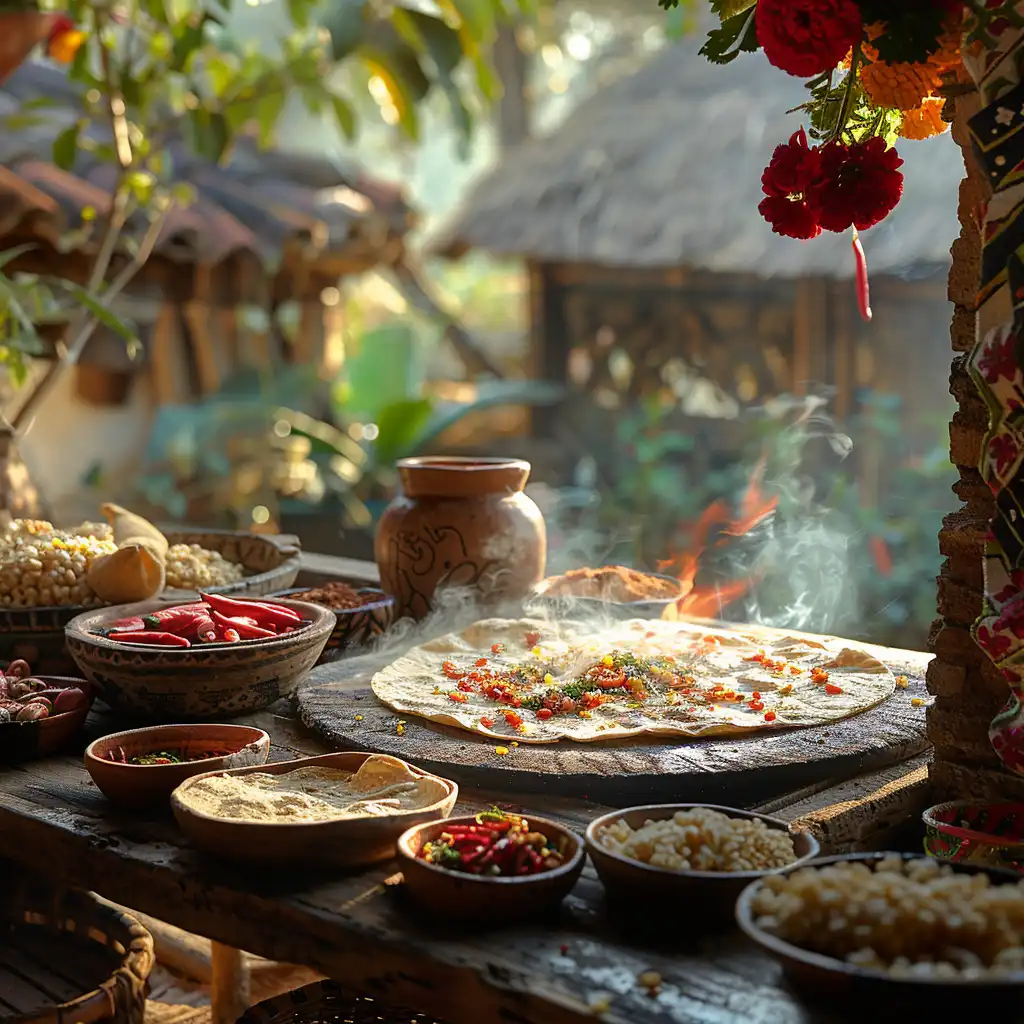 Traditional Mexican kitchen with a clay comal cooking tortillas