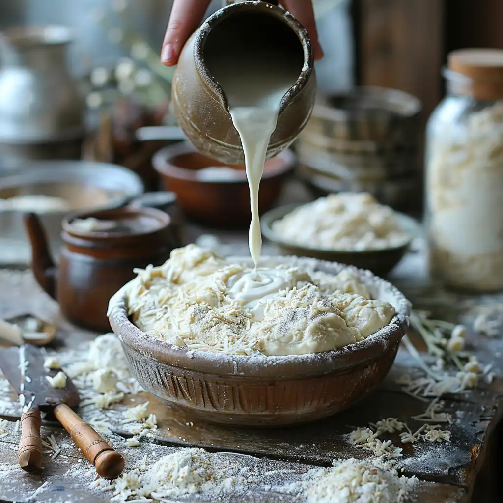 Mixing yogurt into bread dough with flour and yeast.