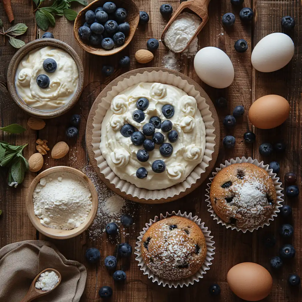 Freshly baked blueberry muffins with Greek yogurt on a wooden table