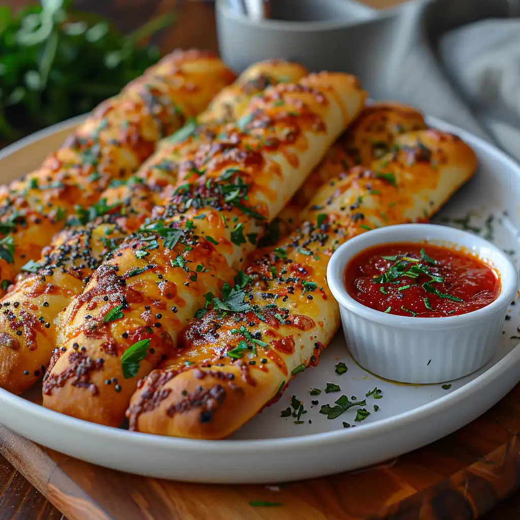 Cheesy Greek yogurt garlic breadsticks with marinara sauce