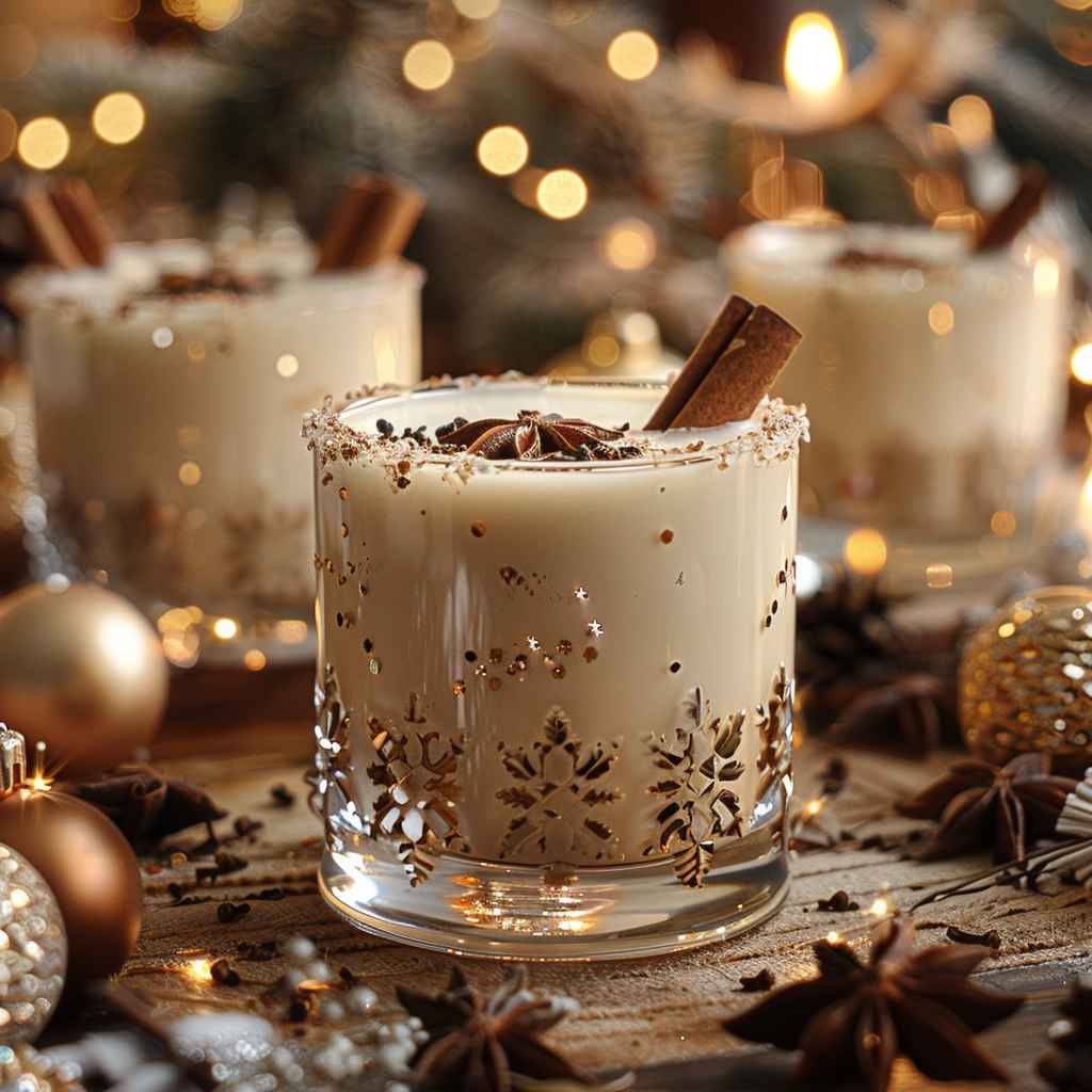 A glass of coquito on a festive holiday table with cinnamon sticks and ornaments