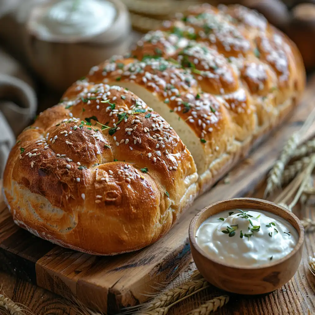 Freshly baked bread with a bowl of yogurt on a rustic wooden board.