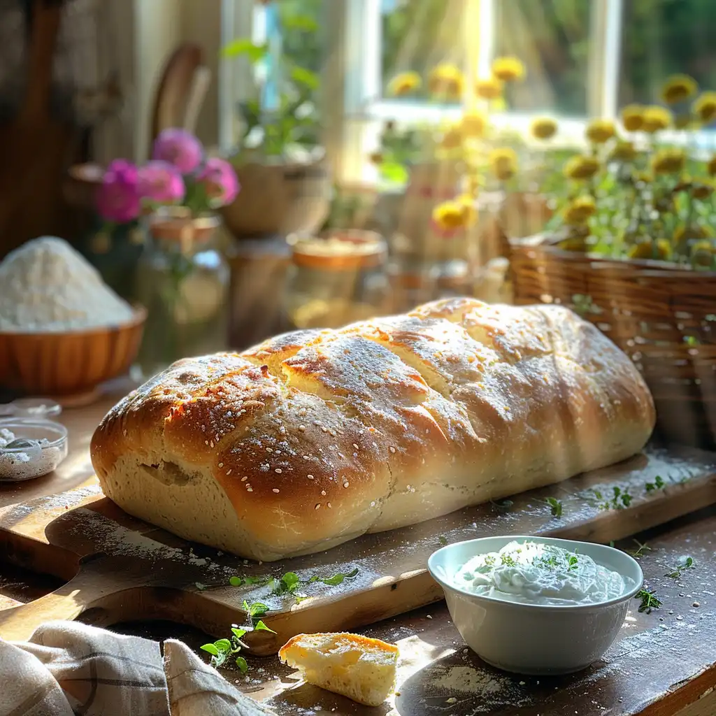 Golden-brown bread made with 2 ingredient dough in a rustic kitchen.