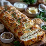 Freshly baked Greek yogurt garlic bread on a rustic table