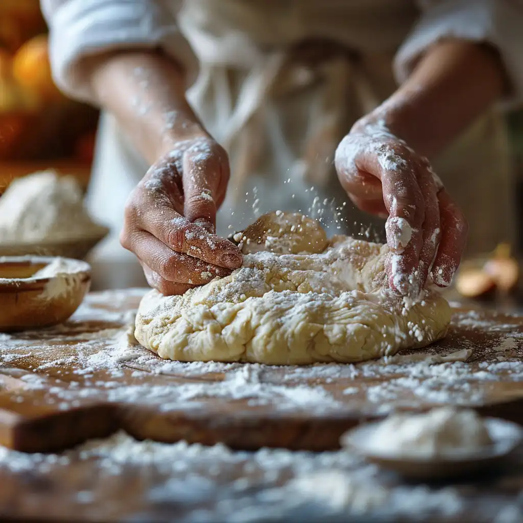 Hands kneading 2 ingredient dough on a wooden surface.