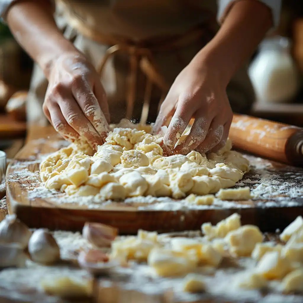 Hands shaping Greek yogurt garlic bread dough on a floured surface