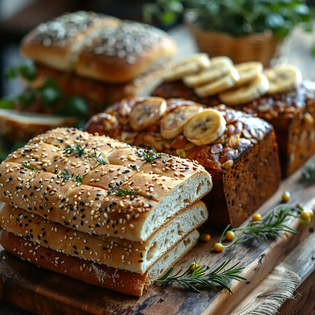 Different types of bread made with yogurt, including flatbread, sourdough, and banana bread.